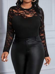 SHEIN Lady Spring, Summer, Autumn And Winter Lace Black Knitted Round Neck Long Sleeve Contrast Color Mesh Plus Size T-Shirt Halloween Plus Size Halloween Clothes Lace Body Suit Black Lace Bodysuit Black Lace Top Lace Long Sleeve Top Bodysuits For Women