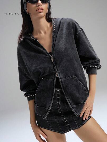 LYSMO 2025新款极简主义秋季女款纯色落肩拉链前开襟休闲连帽衫，适合返校、返校节、2000年代风格、Y2K女性、街头潮流中性时尚前卫索环设计教师、机场和旅行女性万圣节