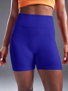 Powerista Women's Summer Fashion Solid Color High Waist Elastic Sports Shorts - Royal Blue - View 5