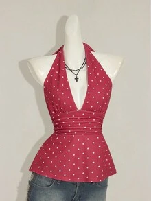 SHEIN ICON 露背深 V 领收腰 A 字形露背红色圆点吊带背心 - 彩色 - 查看 4