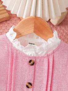 Baby Girl Frill Mock Neck Puff Sleeve White Shirt And Sleeveless Dress With Oversized Bow Decor Set, Elegant Casual Fashion Outfit Fall Winter - Multicolor - View 6