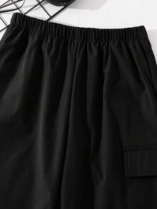 SHEIN Little Byeori Tween 男童休闲运动图案印花口袋宽松抽绳工装裤，适合通勤、上学、日常休闲、旅行、运动、春夏秋冬 - 黑色 - 查看 4