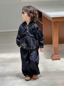 Dazy Kids طقم بنطلون جينز وجاكيت جينز فضفاض عادي لصبي صغير، موسم الخريف، 2 قطعة