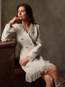 Lilora Khaki Tweed Tassel Long-Sleeved Short Women's Dress, Autumn/Winter,Business, Retro, Party, Resort, Outing, Old Money,Siren Coquettish, Prom, Ball, Valentine's Day, Cruise Attire, Commuting,  Richly Layered, Date Night, Gathering, Minimalism, Birthday, Formal Event,  Ibiza, Nashville, Break, Modest, Chic, Casual, Shopping, Street Wear, Going Out, Coquette,Sexy,Vintage,Street Wear,Boho,Formal,2000s Style,Casual,Hippie,Retro,Old Money Style - Apricot - View 8