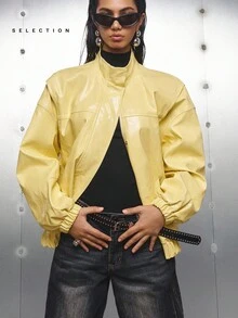 LYSMO SELECTION 2025 New Arrive Minimalism Fall Women's Butter Yellow Solid Color Drop Shoulder Long Sleeve Zipper Front PU Leather Casual Bomber Jacket Women For Going Out Outfits, Graduation, Grunge And Punk Chic, Vintage Chic Back To School, Homecoming, 2000s Style, Y2K Clothes Women, Streetwear