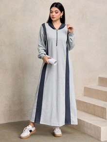 Graceveil 女士休闲撞色拉链连帽卫衣，宽松长款，秋冬 - 彩色 - 查看 6