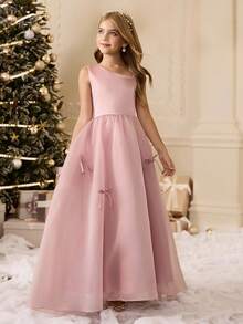 少女甜美公主风单肩缎面网纱无袖连衣裙，配蝴蝶结，适合婚礼、花童、生日派对、圣诞节、万圣节、毕业典礼等秋冬季场合。 - 粉色 - 查看 6