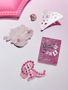 Mean Girls X SHEIN 4pcs/Set Fashionable Cute Zinc Alloy Pink Brooch With Rhinestone Decor, Shiny Pin Collection Gift, Crown, Love