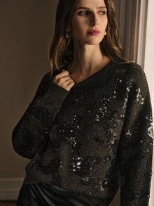 MOTF PREMIUM Áo len chui đầu sequin tương phản - Màu xám đen - Xem 12