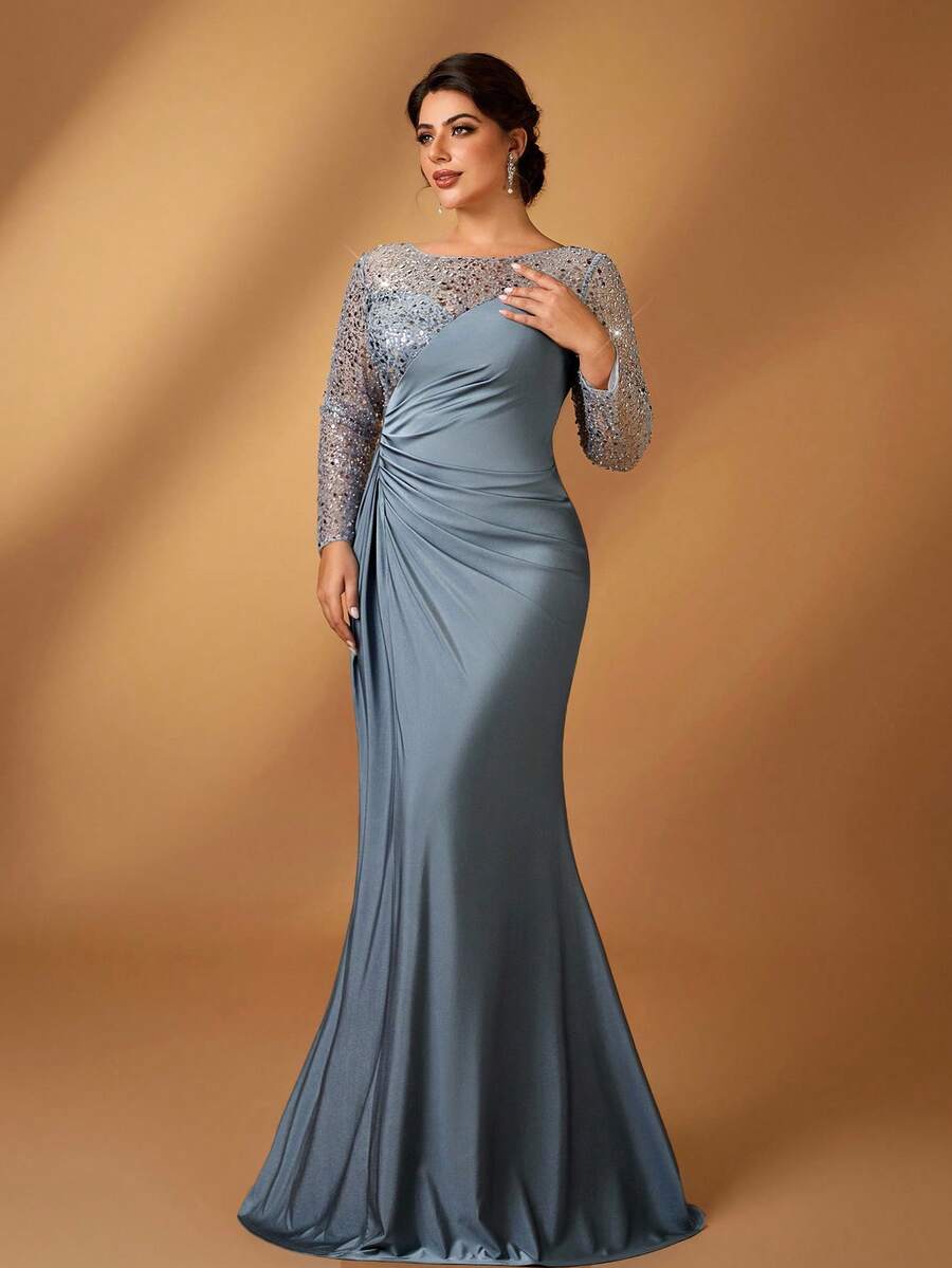 Serin Plus Size Elegant Luxury Beaded & Sequin Embellished Ruched Mermaid Hem Satin Gown, Suitable For Wedding Event, Bachelorette Party, Gala, Cocktail, Mother Of The Bride Dress