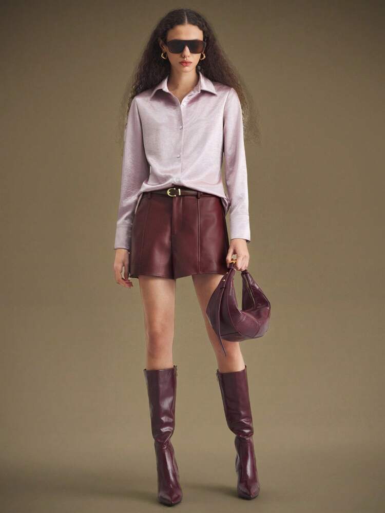2026 Spring/Summer New Arrival Elegant Style, Wine Red, PU Material, Shorts With Real Pockets, Elastic Waist, Women's Casual Shorts, Minimalist Design, Suitable For Daily Wear And Business Commute Modern Urban Casual Fashion Business Casual Women's Office Wear Low-Key Old Money Style Effortless Temperament High-End Urban Commuting High-Quality Airport Women's Wear High-End Material