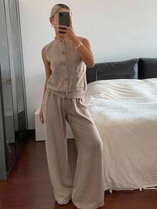 DAZY Women's Crew Neck Sleeveless Top And Loose Fit Pants 2 Pieces Set Lounge Sets For Women - Khaki - View 3