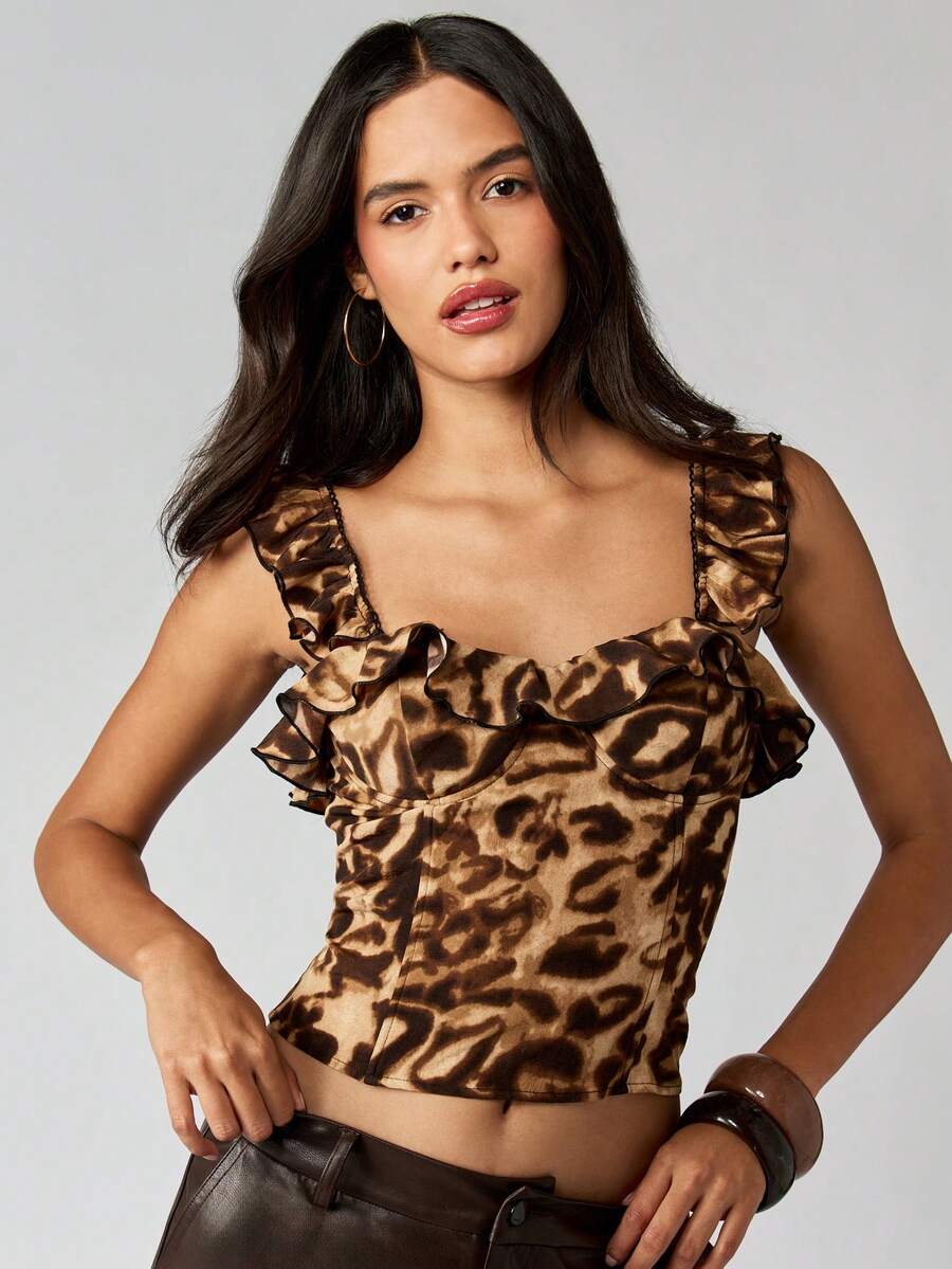 MISSGUIDED Top a corsetto con dettagli a volant e stampa leopardata, con chiusura lampo sul retro, adatto per feste estive e discoteca