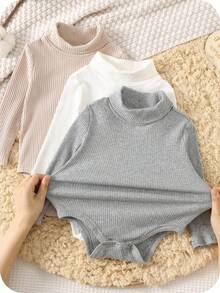 SHEIN 3件組新生兒男嬰/女嬰幼兒白色秋季端莊家庭套裝 加厚抓絨素色高領長袖上衣與冬季長褲套裝 - 彩色 - 查看 7
