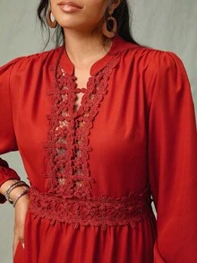 SHEIN VCAY Plus Size Red Autumn Boho Satin Party Dress For Women Elegant Lace Christmas Wedding Guest Winter Chic Business Casual Curve Fairycore Old Money - Rust Brown - View 5
