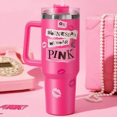 Mean Girls | SHEIN 40oz Letter Graphic Tumbler With Handle, Insulated Cup, Vacuum Insulated Water Bottle, Stainless Steel Travel Mug, Car Mug, Gifts For Friends