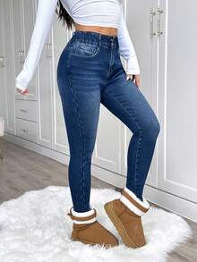 SHEIN PETITE 女式紧身口袋保暖牛仔裤，秋冬 - 深色水洗藍 - 查看 5