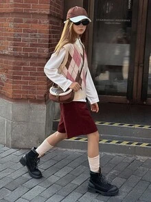 DAZY Teen Girls Loose Fit Diamond Pattern Sweater, Sweet Style For Autumn Vest - Pink - View 2