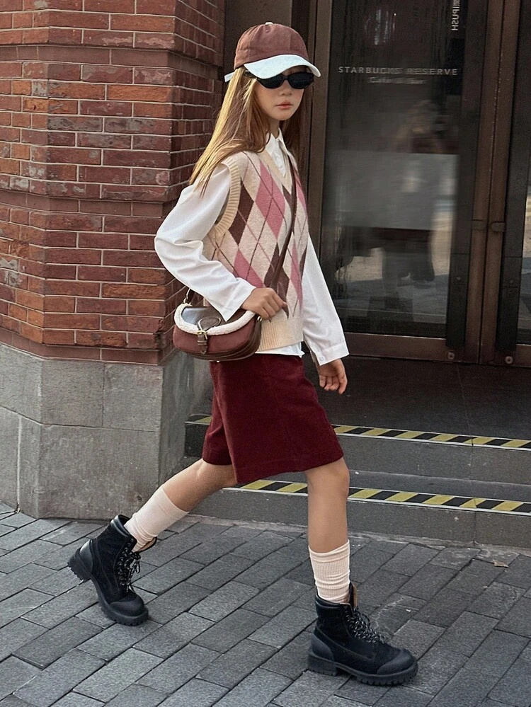 Teen Girls Loose Fit Diamond Pattern Sweater, Sweet Style For Autumn Vest