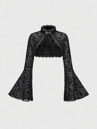 Cardigan vintage mystérieux à manches évasées avec motif de chat, de lune et de vigne floqué pour femmes, style gothique