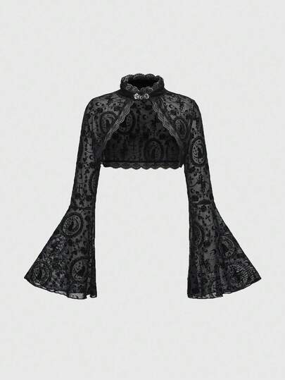 Goth Cárdigan vintage de mujer con mangas acampanadas, estampado de gato, luna y enredadera, con efecto flockado, de estilo gótico