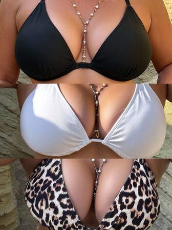 Swim SXY 3pcs/Set Plus Size Women's Swim Top, Leopard Print Mixed Color Knitted Fabric Casual Tank Style Spaghetti Strap Bikini Top Summer