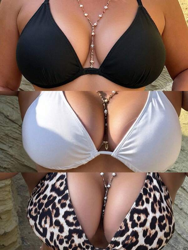 Swim SXY Set de 3 piezas Parte superior de traje de baño talla grande para mujer, top de estilo casual de tirantes finos con estampado de leopardo y mezcla de colores en tela de punto