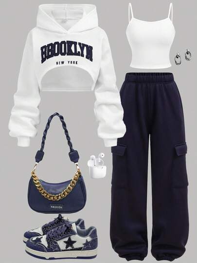 SHEIN Girlism 青少年女孩 3 件套装饰字母图案长袖连帽衫、背心和运动裤，美式复古休闲街头风格，适合秋冬季，休闲