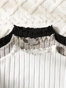 3 件套青少年女孩罗纹立领长袖修身 T 恤，休闲百搭上衣，适合居家和日常穿着，黑色/白色/杏色