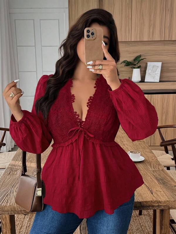 Weeklong Blusa elegante de fiesta con volantes y textura de encaje para mujer de talla grande, para uso en la oficina