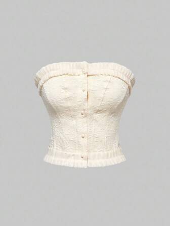 Kawaii ملابس علوية بدون حمالات واسعة بلون مستو مع حاشية مكشكشة