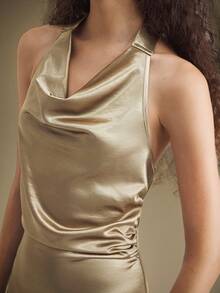 Ontre Thiết kế tối giản thanh lịch mới thu đông 2025, màu vàng, vải satin cao cấp, váy dài nữ, cổ chéo, váy dạ hội, trang phục thường ngày, gợi cảm - màu nâu - Xem 2