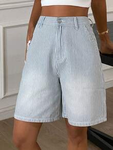 DAZY Quần short denim lửng 3/4 dáng suông kẻ sọc phong cách đường phố dành cho nữ. - Xanh và trắng - Xem 5