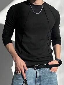 DAZY 男士纯灰色修身纹理面料 T 恤，秋季 - 黑色 - 查看 4