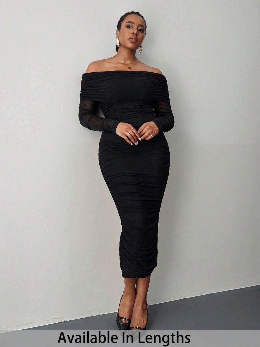 SHEIN Tall CURVE Robe moulante en maille froncée avec épaules dénudées - Noir - Voir 1