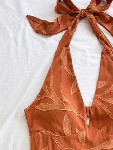 Soleia Combinaison dos nu avec nœud papillon, texture raphia marron, encolure en V, pour femmes. Convient pour les vacances, la plage, les festivals de musique, l'esprit hippie, les fêtes, les sorties et le thé de l'après-midi