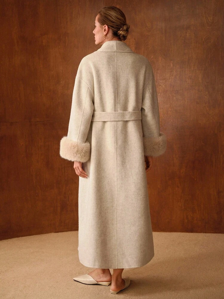WOOL SHAWL COLLAR FUZZY CUFF BELTED OVERCOAT