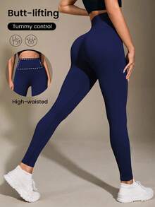 Seamluxe SHEIN Sport 女士纯色弹力无缝塑形运动紧身裤 - 寶藍色 - 查看 2