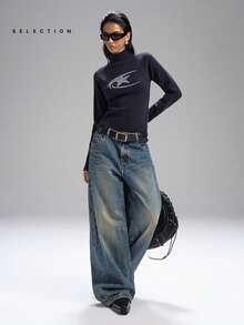 LYSMO SELECTION 2025 新款极简主义秋季女装高领五角星图案黑色插肩袖修身毛衣高领套头衫女式星星毛衣女式套头衫适合外出、返校、毕业典礼、街头服饰和哥特式万圣节装扮 - 藏蓝色 - 查看 3