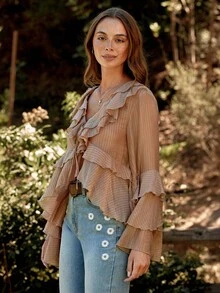 WESTFADE Top asimétrico de manga larga con cuello en V con volantes, lazo delantero y diseño de volantes, para otoño, invierno, estilo bohemio, western, para mujer, casual, lindo, para conciertos country - Caqui - Ver 4