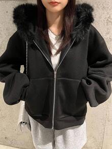 FRIFUL Women's Thermal Lined Fur Collar Patchwork Drop Shoulder Long Sleeve Zip Front Sweatshirt Jacket