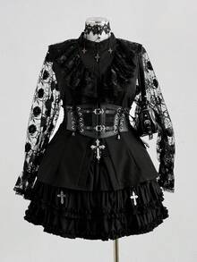 Sunspun 大码万圣节主题撞色蕾丝纯色长袖衬衫 - 黑色 - 查看 8