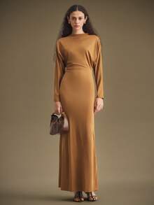 Ontre 女士优雅通勤纯色蝙蝠袖连衣裙 - 棕色 - 查看 5