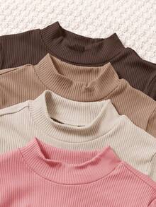 SHEIN 女童買1送3共4件組 素色修身T恤休閒日常穿著 秋冬款 - 咖啡棕 - 查看 4