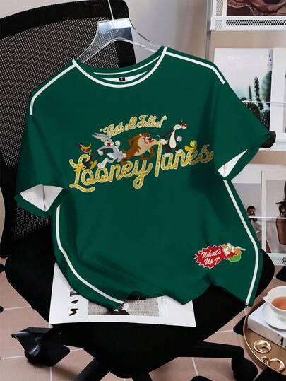 LOONEY TUNES X SHEIN Women's Casual Letter & Cartoon Print Short Sleeve T-Shirt, Summer