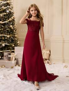 少女蕾丝雪纺露肩拖尾连衣裙，适合花童、舞会、婚礼、生日派对、圣诞节、万圣节、返校、毕业典礼 - 酒紅色 - 查看 6
