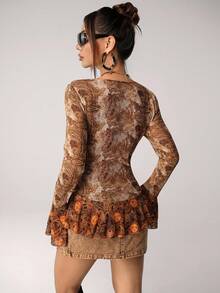 SHEIN ICON Women's Floral Print Ruffle Trim Tie Front Blouse