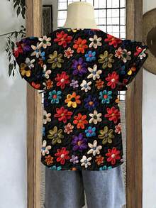 EMERY ROSE Áo sơ mi dáng rộng tay bay cỡ lớn, phong cách cổ điển thanh lịch, trang nhã, họa tiết hoa len giả nhiệt đới, cổ tròn, hai lớp, dành cho nữ, trang phục mùa hè - màu đen - Xem 8