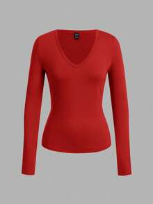 SHEIN EZwear 3 件女式深 V 领紧身休闲长袖 T 恤套装，黑色/白色/红色，适合秋冬季 - 彩色 - 查看 12