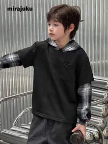 Mirajuku 男童休闲街头格子拼接连帽套头衫，适合秋冬季日常通勤穿着 - 黑色 - 查看 4